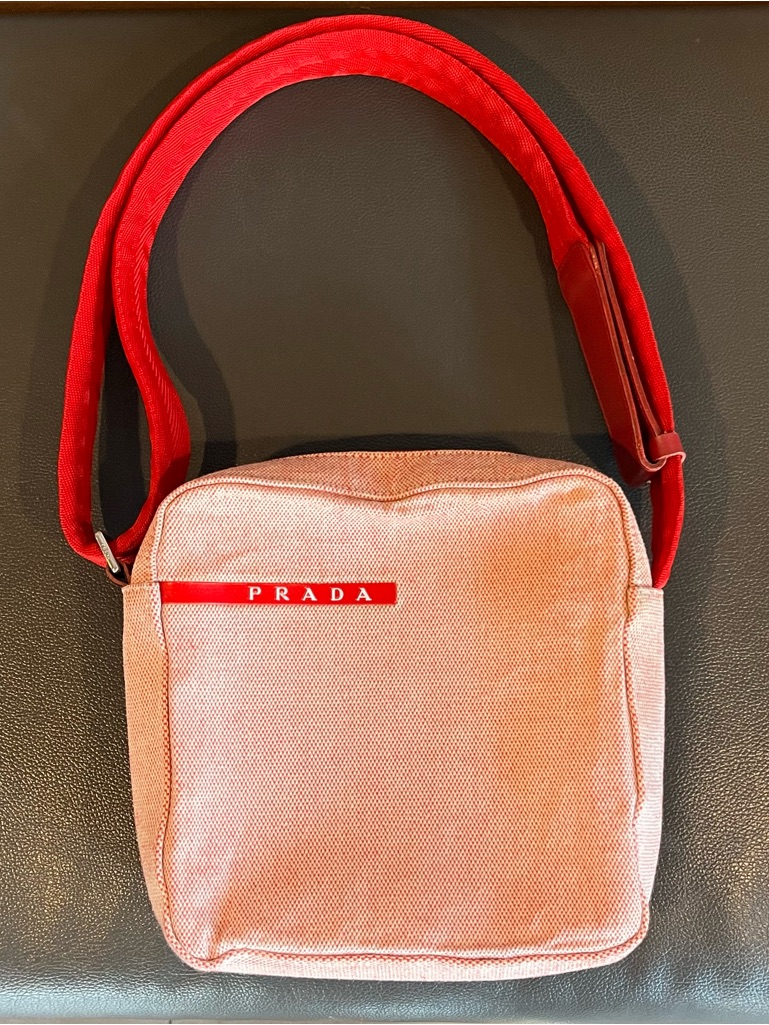 Prada Ss 1999 Sport Logo Pink Canvas Red Leather Crossbody Shoulder Bag Unisex